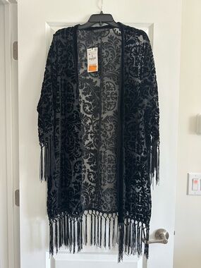 Zara Black Velvet Burnout Fringe Kimono